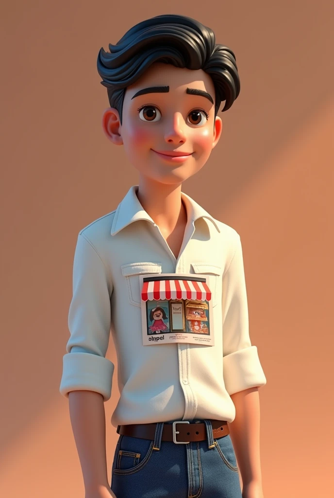 Pixar style image with 3D character white skinned man, Bblack hair ,Disney,Close-up, pixar, Disney, white blouse with shop magazine on it , jeans