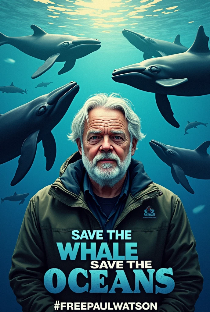 Créer un dessin de Paul Watson au centre, entouré de baleines avec pour slogan "save the whales, save the oceans" et le #freepaulwatson