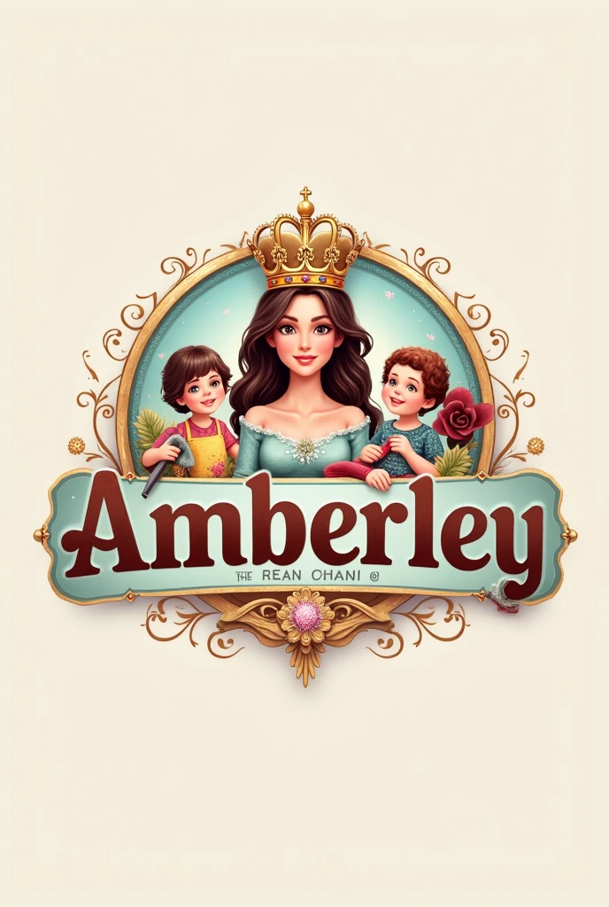 Logo with the main name Amberley with a woman's crown with images of children's and sewing clothes,
and 3d