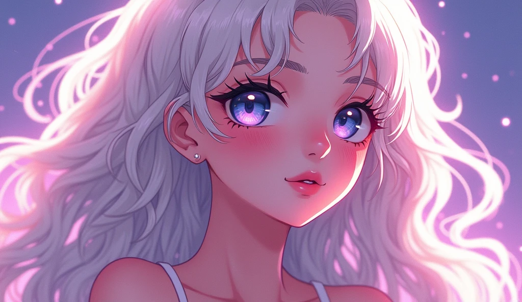 work of art，Dazzling colored light，ultra detaild，a girl，eyes large，the fire，extra long curly hair，white blonde hair，A fascinating adventure，Glossy lips，Close do rosto，Shoulders exposed，Dreamy and beautiful，Thick painting of the characters，fine brush strokes，wall-paper，light purple background，anime aesthetic,