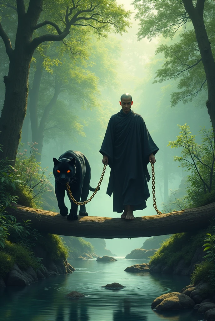 A buddhist monk who is dressed black cloths, and he is walking on wooden log which is fallen on water river from end to end location is beautiful forest greenery scene with black panther which has red eyed , monk holding long gold chain which is tied a knock in panther neck