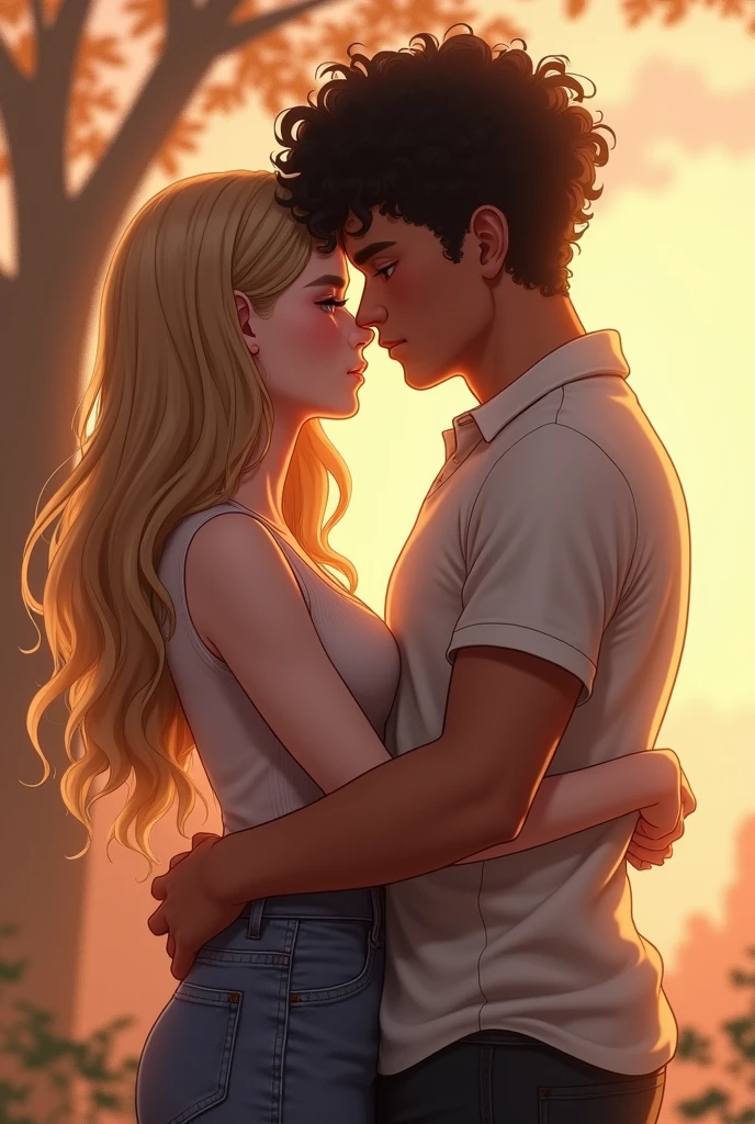 A couple where the boy hugs the girl from behind, she is white and has dark blonde hair and he is white but a little darker than her and has black curly hair, They are in their 20s