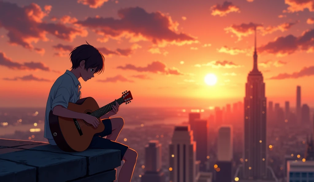Anime boy sitting on a ledge playing a guitar at sunset, Anime Art Wallpaper 8K, Anime Art Wallpaper 4K, Anime Art Wallpaper 4K, Estilo anime 4K, 4k anime wallpapers, 4k anime wallpapers, 4k anime wallpapers, Wallpapers manga 4K wallpapers, Makoto Shinkai Cirilo Rolando, the girl plays the guitar,  lofi