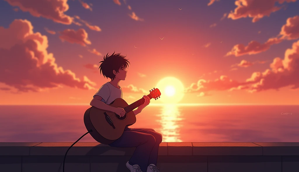 Anime boy sitting on a ledge playing a guitar at sunset, Anime Art Wallpaper 8K, Anime Art Wallpaper 4K, Anime Art Wallpaper 4K, Estilo anime 4K, 4k anime wallpapers, 4k anime wallpapers, 4k anime wallpapers, Wallpapers manga 4K wallpapers, Makoto Shinkai Cirilo Rolando, the girl plays the guitar, lofi