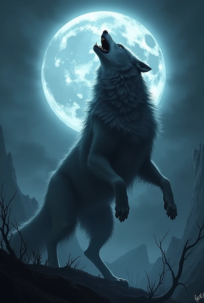 Angry wolf standing on two hind legs with the moon in the background