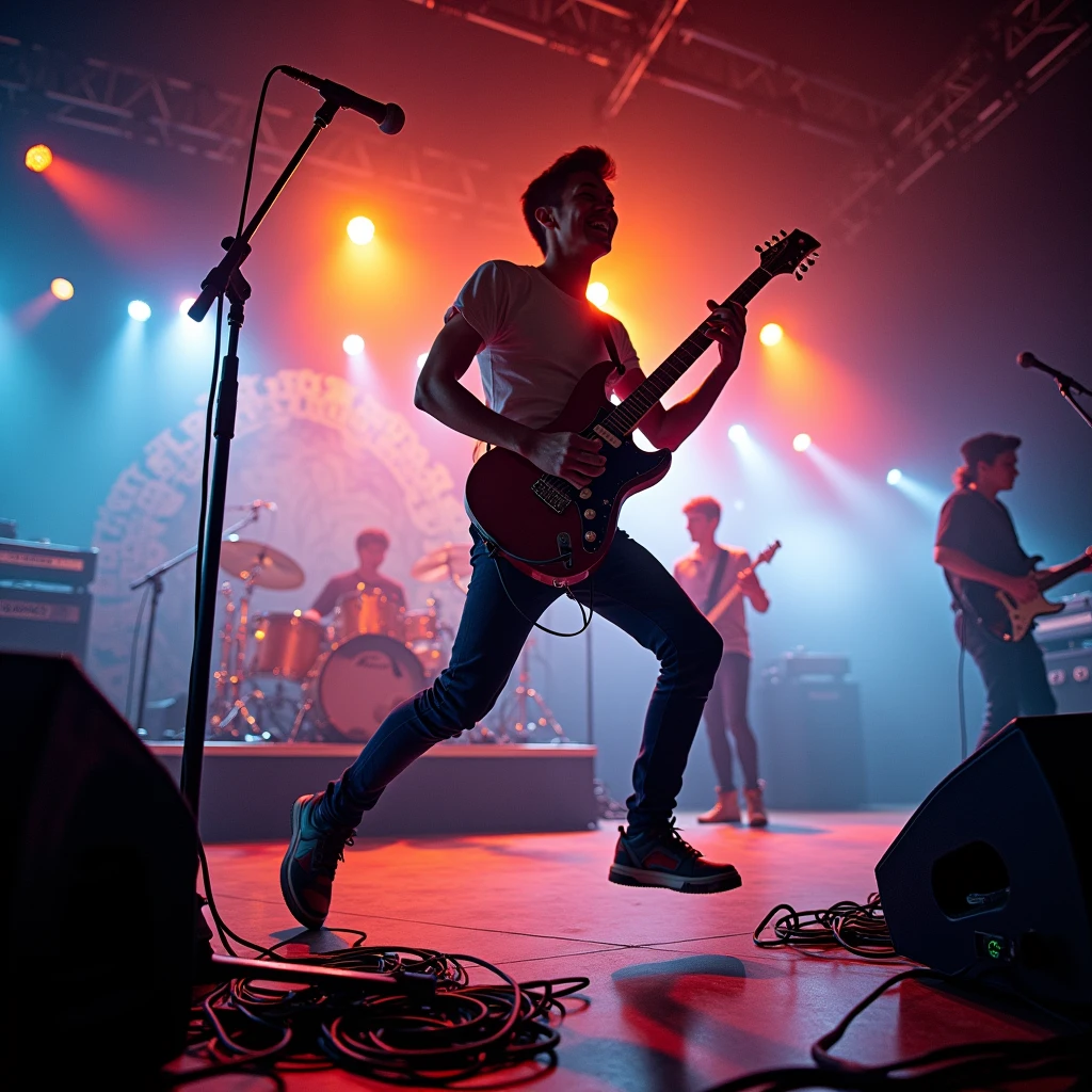 A dynamic, motion-blur photograph capturing a young, slender Asian man energetically leaping on stage while playing an electric guitar, his silhouette illuminated by vibrant stage lights. The scene is filled with a sense of energy and excitement, with a mega sound setup and a mic stand visibly pulsing with sound waves. Other band members can be seen in the background, contributing to the electrifying atmosphere. The backdrop is a kaleidoscope of colors, enhanced by long shutter speed to create a swirling motion blur effect that embodies the rhythm of the music. The composition follows the rule of thirds, emphasizing the subject's expression of joy and passion as he locks eyes with the camera, inviting the viewer into the exhilarating moment.