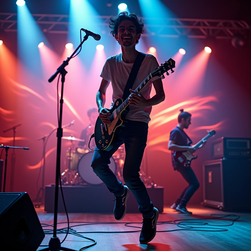 A dynamic, motion-blur photograph capturing a young, slender Asian man energetically leaping on stage while playing an electric guitar, his silhouette illuminated by vibrant stage lights. The scene is filled with a sense of energy and excitement, with a mega sound setup and a mic stand visibly pulsing with sound waves. Other band members can be seen in the background, contributing to the electrifying atmosphere. The backdrop is a kaleidoscope of colors, enhanced by long shutter speed to create a swirling motion blur effect that embodies the rhythm of the music. The composition follows the rule of thirds, emphasizing the subject's expression of joy and passion as he locks eyes with the camera, inviting the viewer into the exhilarating moment.