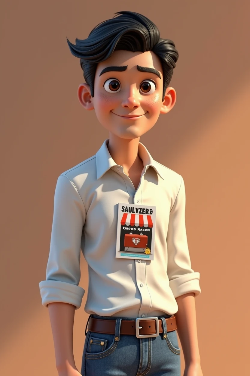 Pixar style image with 3D character white skinned man, Bblack hair ,Disney,Close-up, pixar, Disney, white blouse with shop magazine on it , jeans