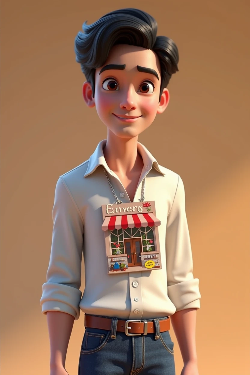 Pixar style image with 3D character white skinned man, Bblack hair ,Disney,Close-up, pixar, Disney, white blouse with shop magazine on it , jeans