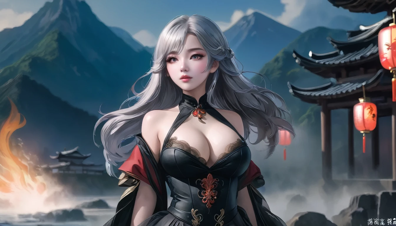 high quality,HD,16K,Sharp Line,1 Girl,fantasy, (Fire Spirits),Pretty Face, Large Breasts, Beautiful legs,In the mountains,Focus Girl,detailed Pretty Face,Detailed clothes,beautiful eyes,Cool,Sexy,Dynamic Angle,穿着华服的神明Strike a pose拍照, Ancient mysterious sexy goddess, Traditional beauty woman, Beautiful female warrior god of war , Beautiful sexy goddess, Gorgeous role-playing, high, Beautiful young girl, Beautiful woman, 华丽Beautiful woman, Complex clothing,Chinese Mystical Aesthetics, Beautiful Asian ancient mysterious girl, Extremely detailed shot of the goddess, Jaw-dropping sexy beauty, Big breasts deep neckline sexy belly button(butt), (bedroom), (Sexy Girls), masterpiece, best quality, Bangs, blush, Chest, clavicle, Eyebrows visible through hair, (Gradient red and gold hair), Jewelry, Long hair,Bright Eyes, ring, (solitary), illustration, fashionable, miss, Strike a pose, background, element, confident, Express, Accessories, majestic, striking, key point, Dynamic poses, ((plump)), (black))Woman in transparent dress,Viewer,(((Full breasts, Keeley University))),Slim waist,(Navel exposed,Bare waist), Long hair, extreme detailed details, 详细的fantasy艺术, Stunning character art, Beautiful and exquisite character art, Beautiful transparent dress, Very detailed, Large Breasts,Chest,Golden ratio figure,Beautiful figure,Ultra wide-angle shooting,Full body shot拍摄,Body close-up,Full body shot,Wearing a pleated tulle skirt,柔和动漫illustration, 柔和的深色background,Fujifilm XT3 Clear focus, f 5.6, High Detail, Clear focus,(Wearing openwork clothing),, (Natural light), (Tempting)translucent, Good velvet quality, Compared, Divine Light,, Silver hair, 天空background, Absolute Strength,Female Shinmei,穿着性感丝绸的Female Shinmei,,Large Breasts,Chest,Golden ratio figure,Beautiful figure,Ultra wide-angle shooting,Full body shot,Body close-up,Full body shot, Wearing a tulle dress, Model shooting style, Large Breasts,饱满Chest,Golden ratio figure,Beautiful figure,(Extremely detailed CG 8k wallpaper unit), The most beautiful artistic photos in the world, , 8K 超HD, ) on the beach,Sexy lazy posture,Sexy seductive expression,best quality,masterpiece,Ultra-high resolution,(Practical:1.4),original photo,Ultra-high resolution