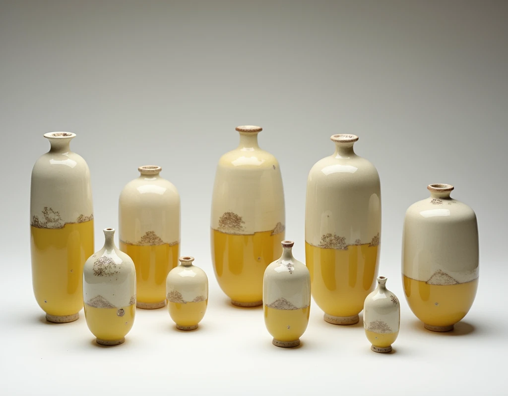 Lucie Rie Ceramics Exhibition Topanga Japonese Collection of miniatures not one the same butteryellow detail creme detail underglaze and gloss collection