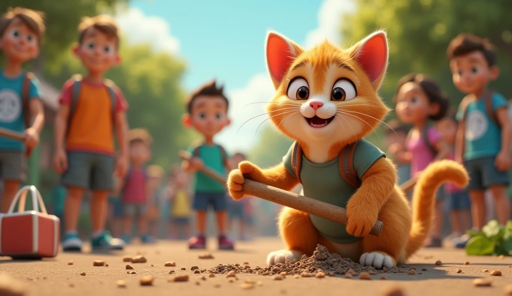 "Depict the cat volunteering at a community event, such as a clean-up drive or charity fair. The cat is seen working alongside other volunteers, contributing to the event."
"3d animated disney inspired