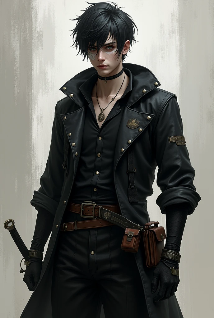 Young man, short black hair with some white hair, bandage covering the left evil eye, wearing black long sleeve shirt, black pants, black gloves, black long hooded coat, sword on left hip, right side bag.