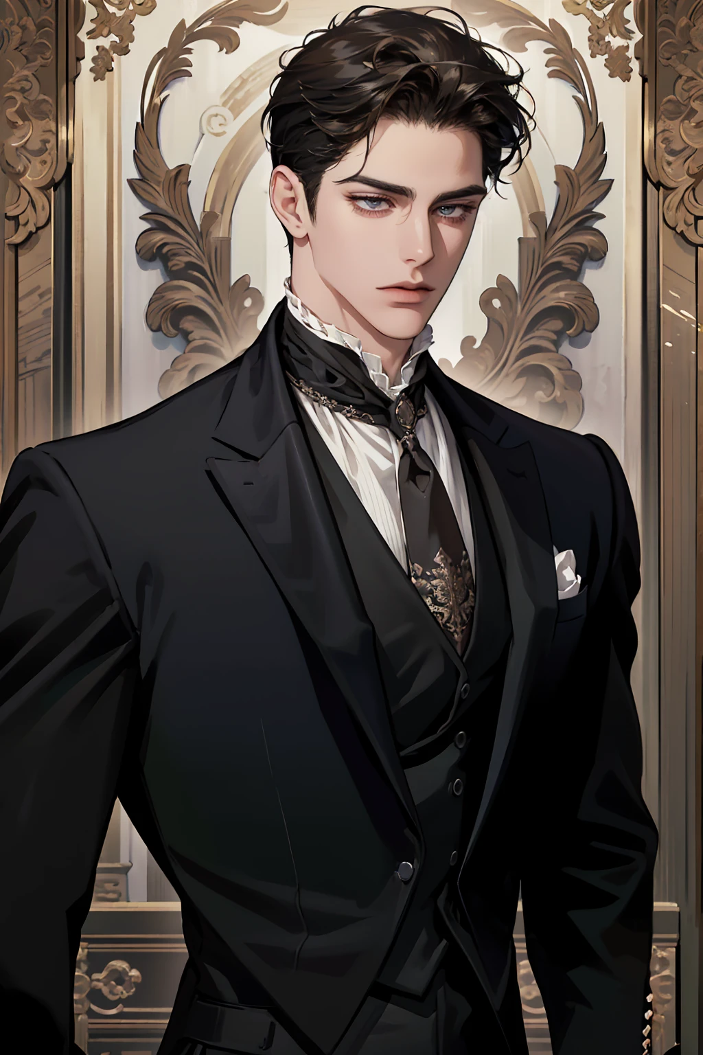 (absurd, ultra-detailed, high quality, masterpiece), 1 man, solo, adult, mature, handsome, tall muscular guy, broad shoulders, elegant pose, upper body, dark short styled hair, hazel eyes, intricate eyes, noble, aloof, anime style, regency era, dark clothing, neat suit, cravat, white shirt