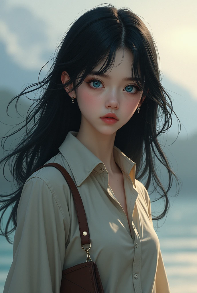 A girl with black hair, blue eyes and any comfortable clothes but with a small purse