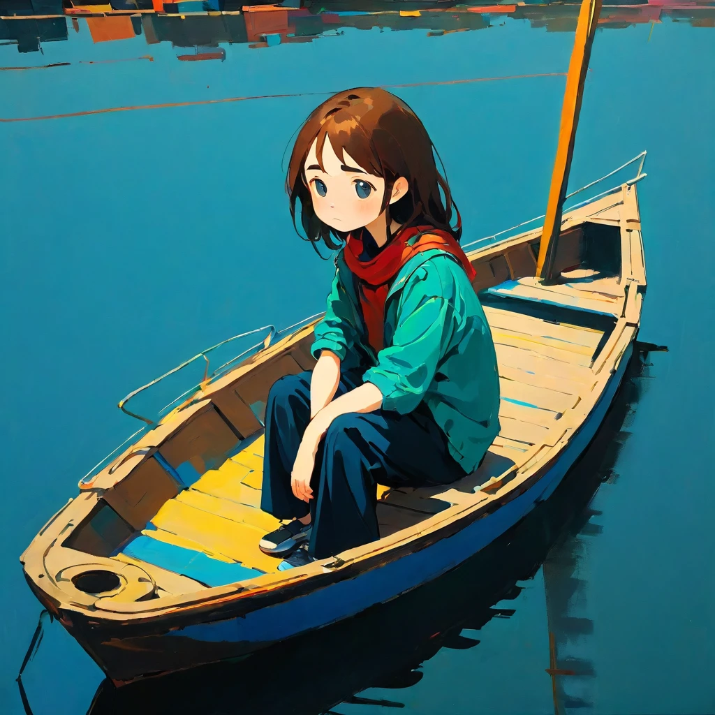 A girl looking unwell on a boat, Sitting、Are depressed、Amy Earls, abstract expressionism, dark, gesture, Whimsical、Deformation、