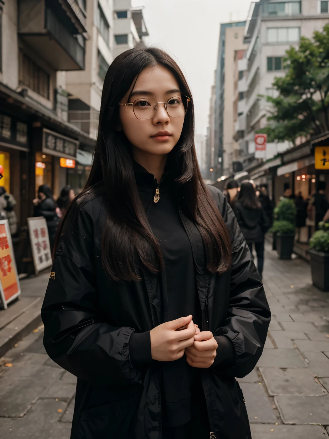 a girl standing outside, wearing glasses, in a black jacket, ((long hair)), a picture inspired by Zou Zhe, tumblr, realism, xintong chen, around 1 , qichao wang, huifeng huang, zhelong xu, xiaofan zhang, pengzhen zhang, zmonzheng, yihao ren, zezhou chen.
