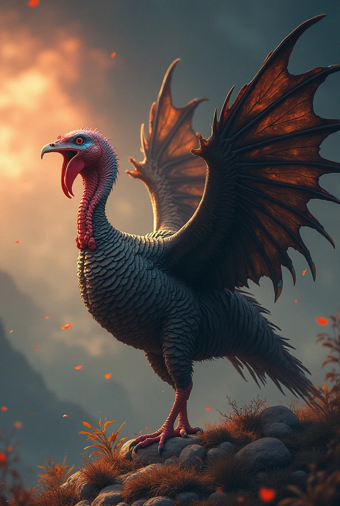 draconic turkey with wings going there swallowing planet