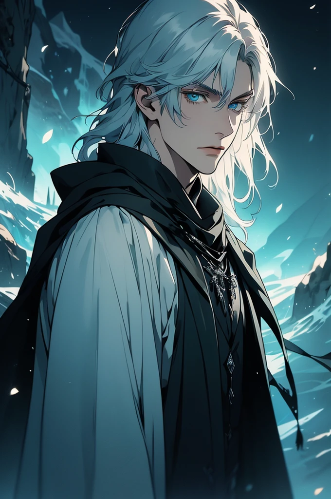 (masterpiece, 32k, 8k) very detailed image, naturally handsome young man, pale skin, shoulder-length silver hair, deep cyan eyes, (beautiful black cloak), image focused on the character's face, character looking fixedly at the viewer, cynical expression, background ethereum