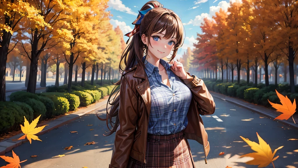 1girl, solo, trees, sun, clouds, autumn, colorful trees, falling leaves, ((brown hair)), ponytail, large breasts, ((brown leather jacket)), button down shirt, ((blue checked shirt)), ((unbuttoned shirt)), unbuttoning buttons, cleavage 1:3, blue eyes, long skirt, brown boots, smile, happy, looking at the viewer, walking, hair ribbon, golden necklate