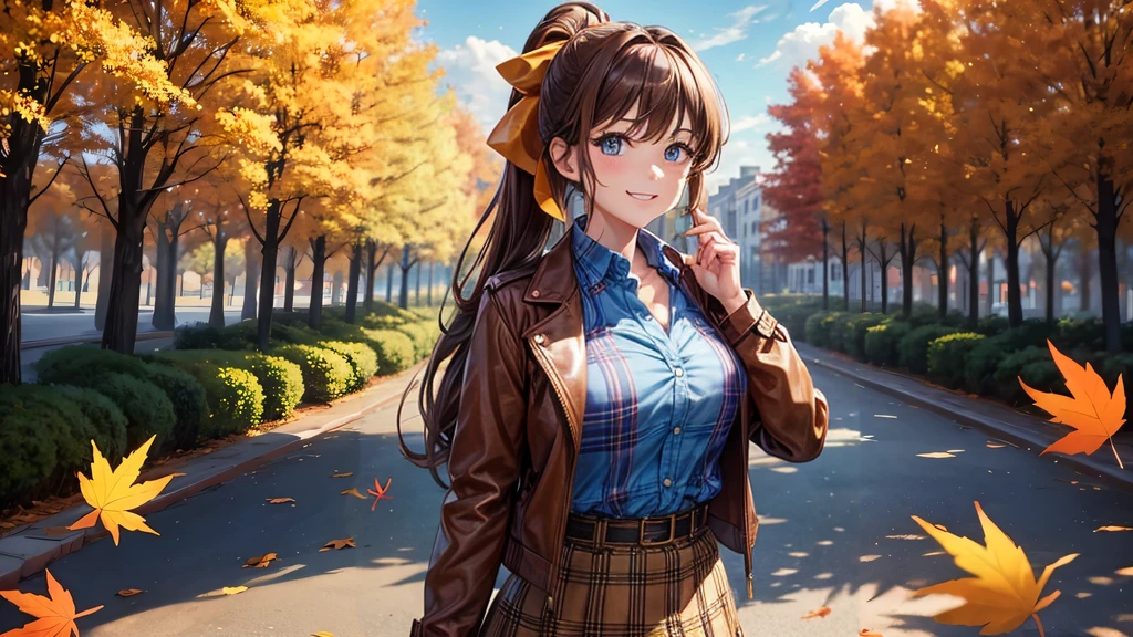 1girl, solo, trees, sun, clouds, autumn, colorful trees, falling leaves, ((brown hair)), ponytail, large breasts, ((brown leather jacket)), button down shirt, ((blue checked shirt)), ((unbuttoned shirt)), unbuttoning buttons, cleavage 1:3, blue eyes, long skirt, brown boots, smile, happy, looking at the viewer, walking, hair ribbon, golden necklate
