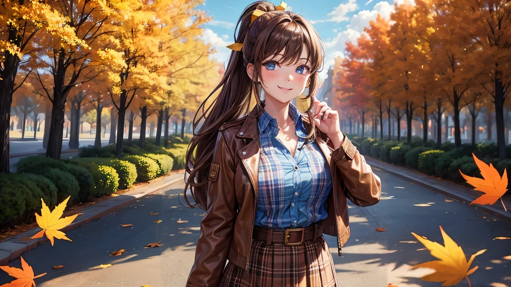 1girl, solo, trees, sun, clouds, autumn, colorful trees, falling leaves, ((brown hair)), ponytail, large breasts, ((brown leather jacket)), button down shirt, ((blue checked shirt)), ((unbuttoned shirt)), unbuttoning buttons, cleavage 1:3, blue eyes, long skirt, brown boots, smile, happy, looking at the viewer, walking, hair ribbon, golden necklate