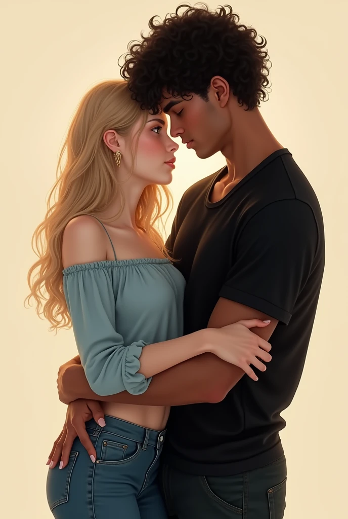 A couple where the boy hugs the girl from behind, she is white and has dark blonde hair and he is white but a little darker than her and has black curly hair, They are in their 20s, He wears all black and she wears a light blue feminine blouse and baggy jeans. 