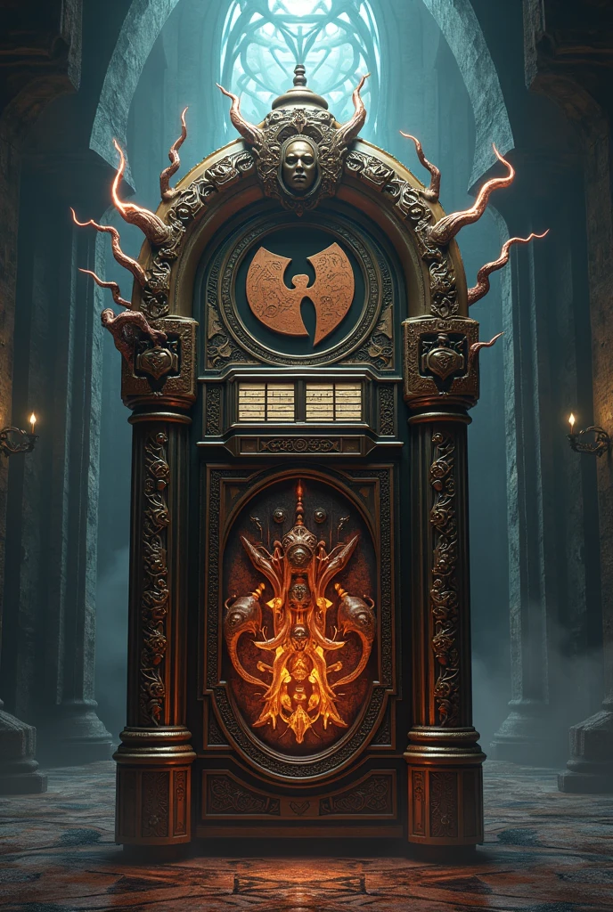 Un jukebox avec le disque du wu tang clan le cercle d'elden les armes de Raphaël des tortue ninja la marque du berserk de guts le tout en dark fantaisie de bloodborne