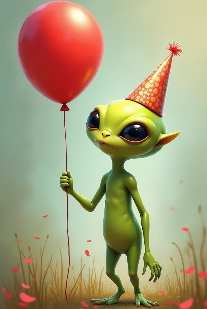 Lime green ET holding a balloon with a party hat
