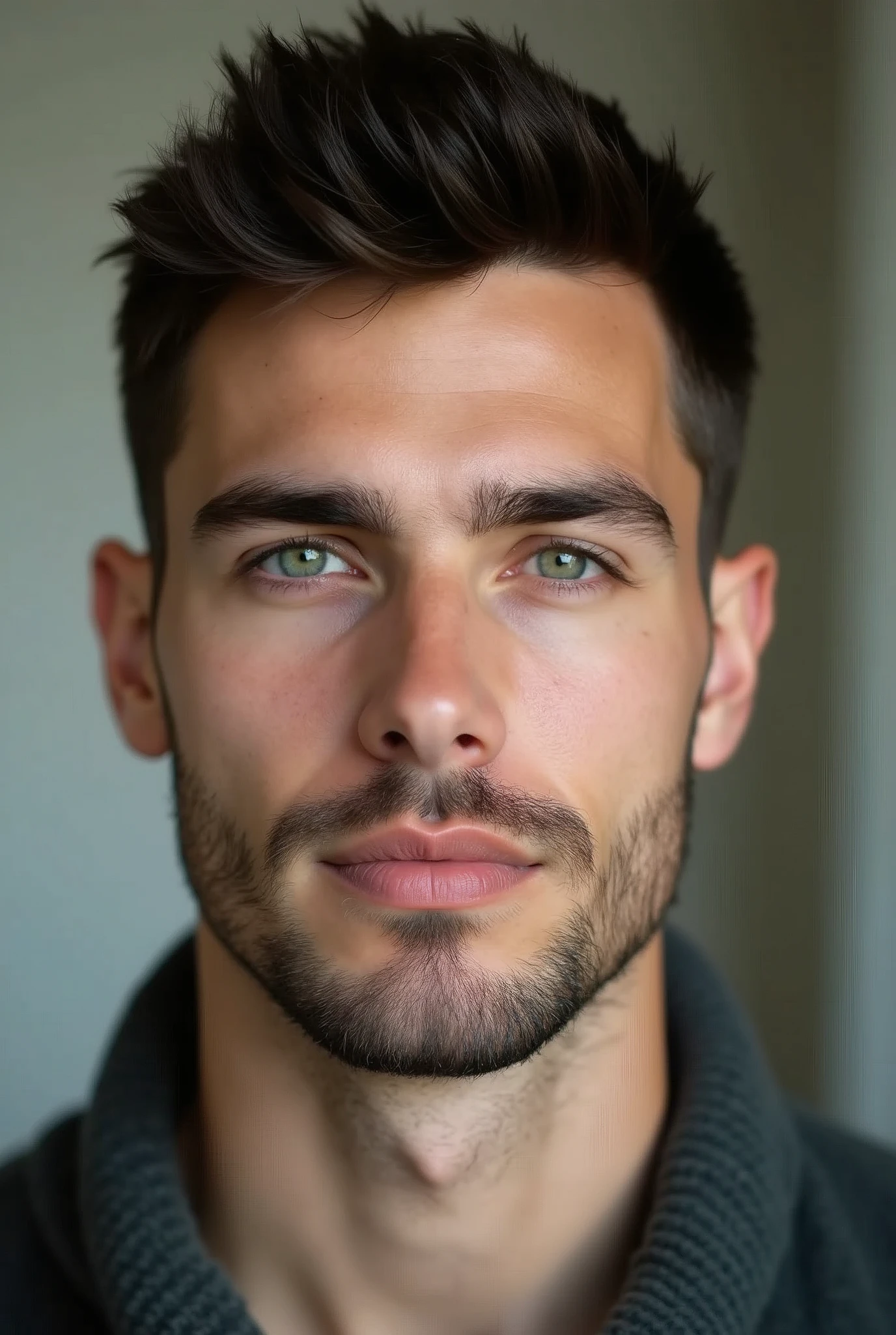 Handsome white guy, 25 years old, dark short hair
bit wider face, dark green eyes and bit shorter hair
wider cheek
1 day beard
there is a line shaved in the right eyebrow