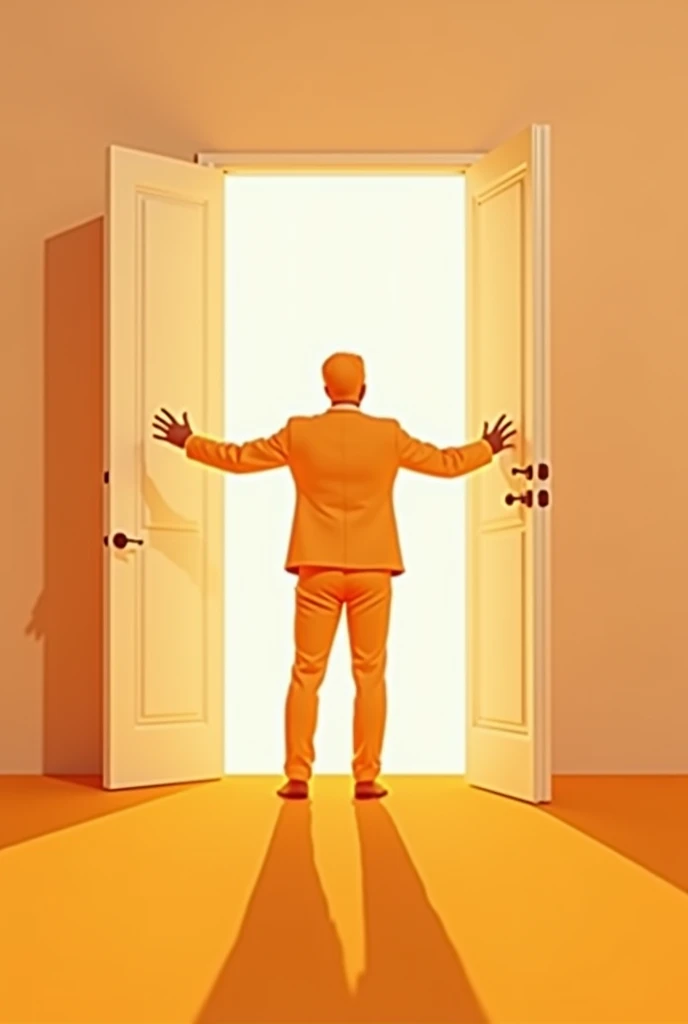 Motivational image of symbolizing a person opening a new company. Use a light background with an orange tone in the image