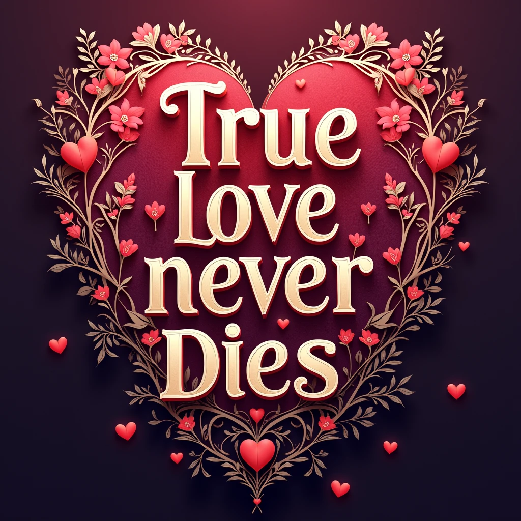 Typography Poster design, Valentine's Day theme, text "True love never dies", masterpiece, best quality, ultra-detailed, intricate, vivid colors