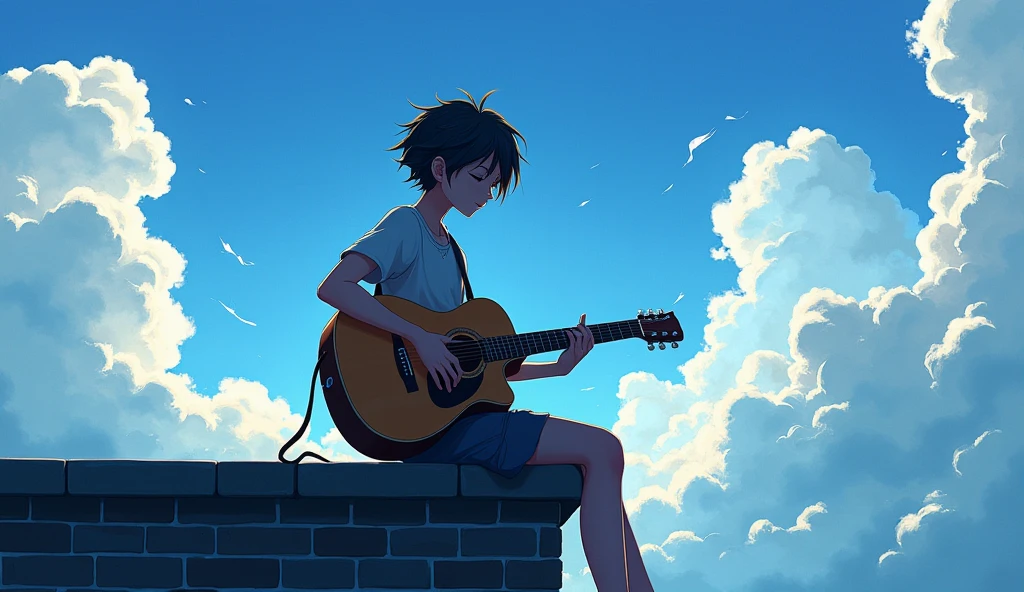 Anime boy sitting on a ledge playing a guitar, Anime Art Wallpaper 8K, Anime Art Wallpaper 4K, Anime Art Wallpaper 4K, Estilo anime 4K, 4k anime wallpapers, 4k anime wallpapers, 4k anime wallpapers, Wallpapers manga 4K wallpapers, Makoto Shinkai Cirilo Rolando, the girl plays the guitar, lofi