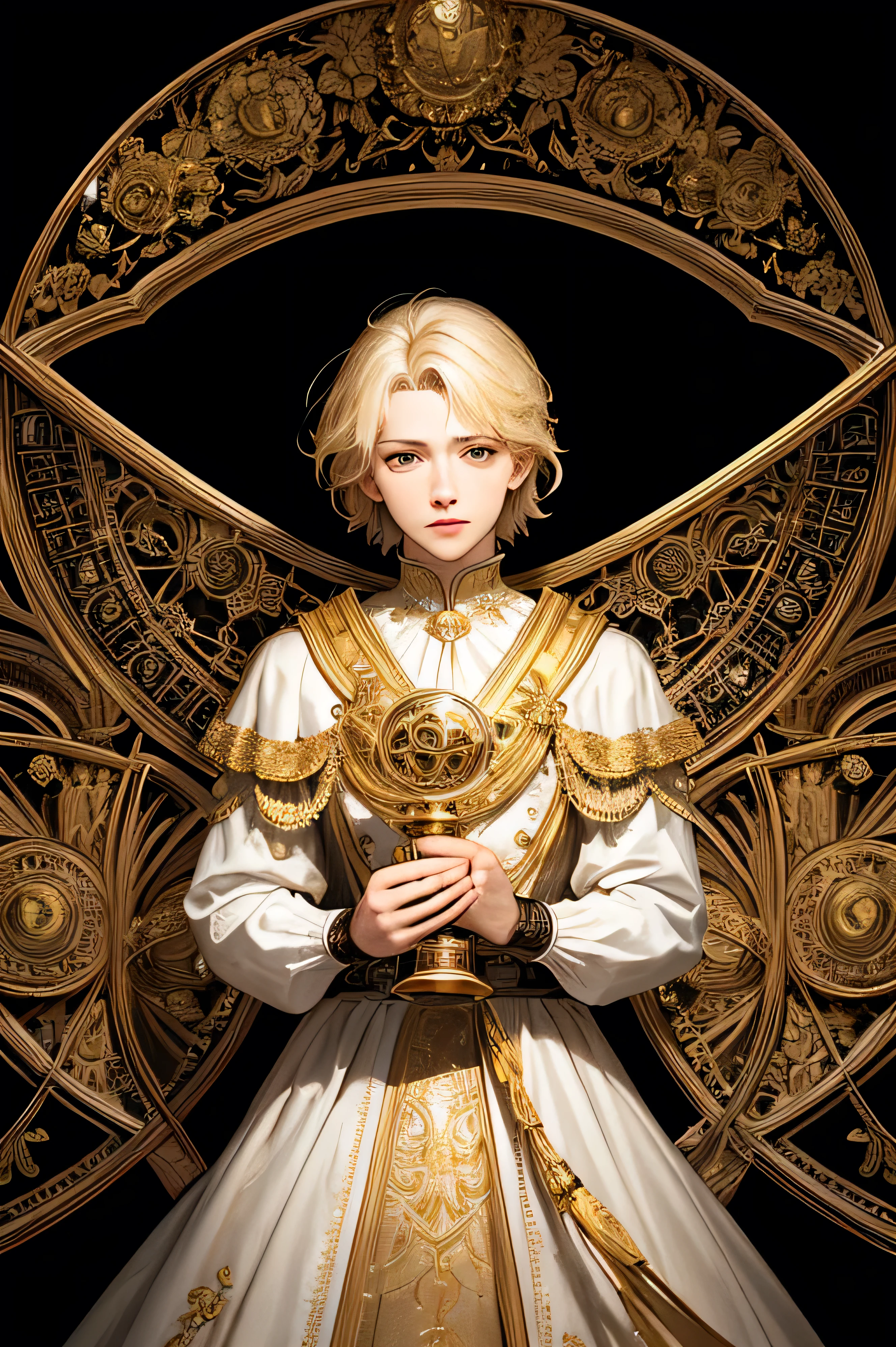 A small boy, masculine, Realistic, (Masterpiece, Top Quality, Best Quality, Official Art, Beautiful and Aesthetic: 1.2), Very Detailed, Fractal Art, Colorful, Most Detailed, Leo, (Abstract Background: 1.5), (1boy: 1.3), (Cat class), yellow hair, bright eyes, earnest, combed back, short hair, milky way, huge magical gold Leo astrolabe, dream, fantasy, gold trim,beautiful detailed sky, Style and Decoration for Leo, leo god, (nsfw:0.8), delicate refective and high glass guardrail board, also assuming it to be a poster put a text in bold on the picture saying "A Legacy Entwined"