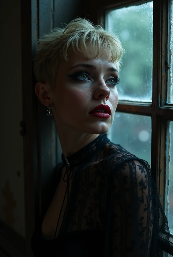 RAW shot, most beautiful model, elegant, femme fatale, American 50 years old lady, very feminine. (head leaning against an ancient English window), ("eyes emerge from the darkness illuminated by a strong mask of light":1.2), (thunderstorm lightning casts shadows of raindrops on her face). Stern look, (dark gothic makeup with dark red open lips). Upset, authoritative, very strict candid expression, ultra short pixie blonde haircut, big deep blue eyes, looking viewer over the shoulder with a penetrating gaze, face skin imperfections: eye bags, wrinkles, freckles, pores. sexy fetish outfit, rich classy jewelry, hyper detailed scene, hyper realistic, classy elegant mansion, intimate calm atmosphere, award winning art, (full body framing), raytracing, sharp focus, bokeh, 8k, hdr, masterpiece, ("van der Meer style":1.5), photography, dslr, kodachrome, 35mm photograph, analog film, professional, ultra low angle side view