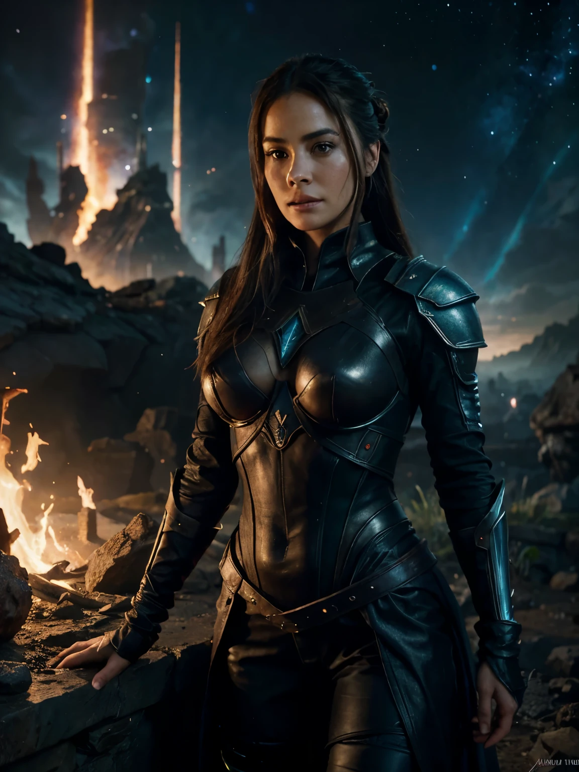 arafed image of a woman in a sci - fiction scene, android jones and chris dyer, portrait of sofia vergara, square enix cinematic art, movie promotional image, shot on imax, muspelheim, protagonist in foreground, paul atreides, imax render, evil sorceress, ellora, imax  