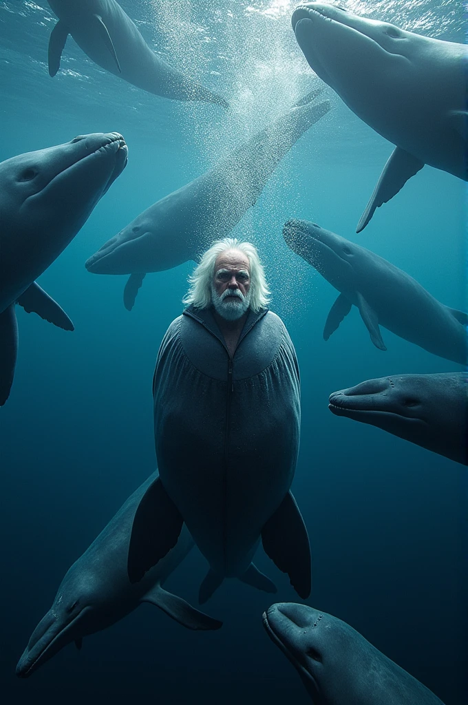 Créer une image de Paul Watson au centre, entouré de baleines avec pour slogan "save the whales, save the oceans" et le #freepaulwatson