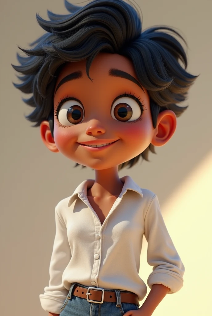 Pixar style image with 3D character white skinned man, Bblack hair ,Disney,Close-up, pixar, Disney, white blouse  , jeans