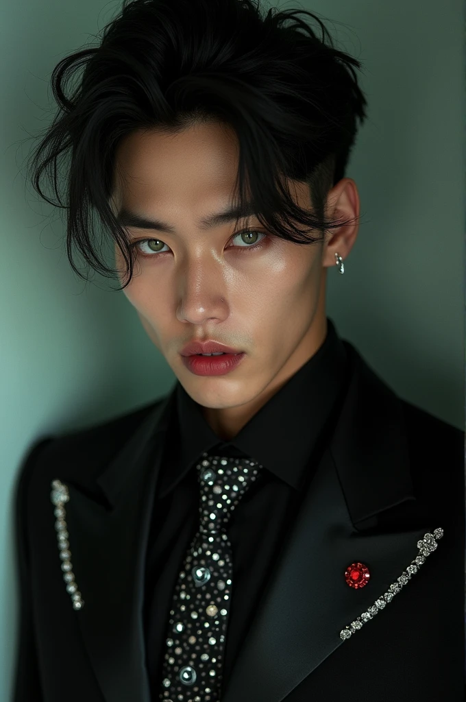 man with hair like Korean men, thin and muscular, green eyes, reddish plump lips, black jacket with diamonds on his tie with his dick showing