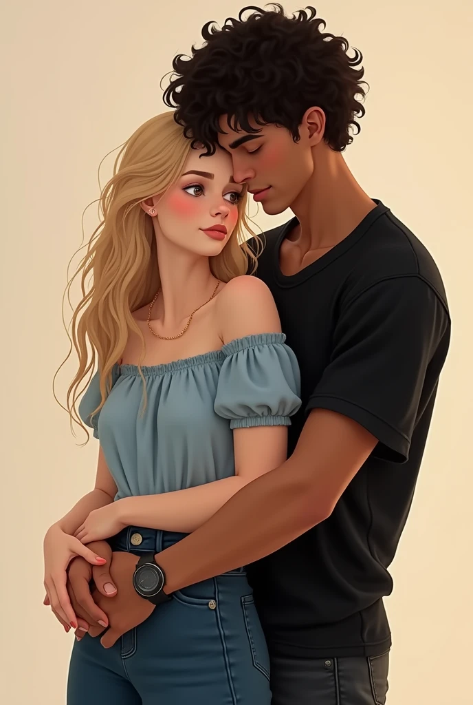 A couple where the boy hugs the girl from behind, she is white and has dark blonde hair and he is white but with tanned skin than her and has black curly hair, They are in their 20s, He wears all black and she wears a light blue feminine blouse and baggy jeans.