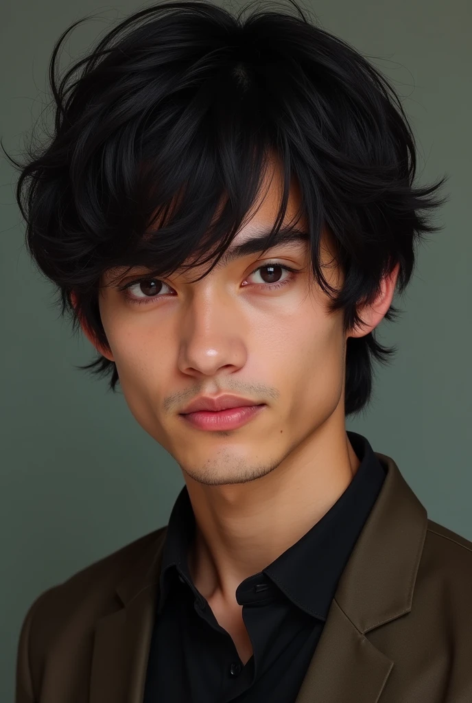  Man 187 cm tall, has medium dark hair with a fringe in the middle, with dark shiny eyes half western and eastern
