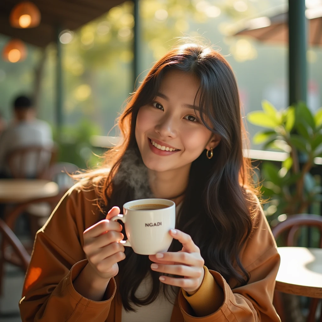 An exquisite photograph of a Korean woman, dressed casually in a stylish outfit, sitting in a cozy outdoor coffee shop surrounded by nature. She's holding a steaming cup of coffee labeled with the "NGADI", taking a break from her busy life to enjoy the chill vibes. The warm ambiance is accentuated by the soft sunlight filtering through the trees, casting a warm glow on the scene. The vivid colors, sharp focus, and attention to detail in the photo create an inviting and serene atmosphere. Rule of third, volumetric, 50mm lens