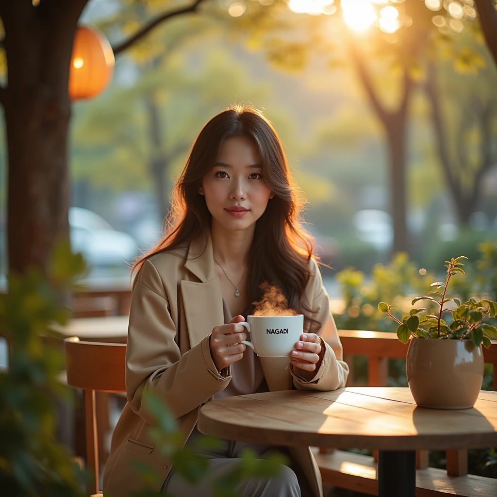 An exquisite photograph of a Korean woman, dressed casually in a stylish outfit, sitting in a cozy outdoor coffee shop surrounded by nature. She's holding a steaming cup of coffee labeled with the "NGADI", taking a break from her busy life to enjoy the chill vibes. The warm ambiance is accentuated by the soft sunlight filtering through the trees, casting a warm glow on the scene. The vivid colors, sharp focus, and attention to detail in the photo create an inviting and serene atmosphere. Rule of third, volumetric, 50mm lens