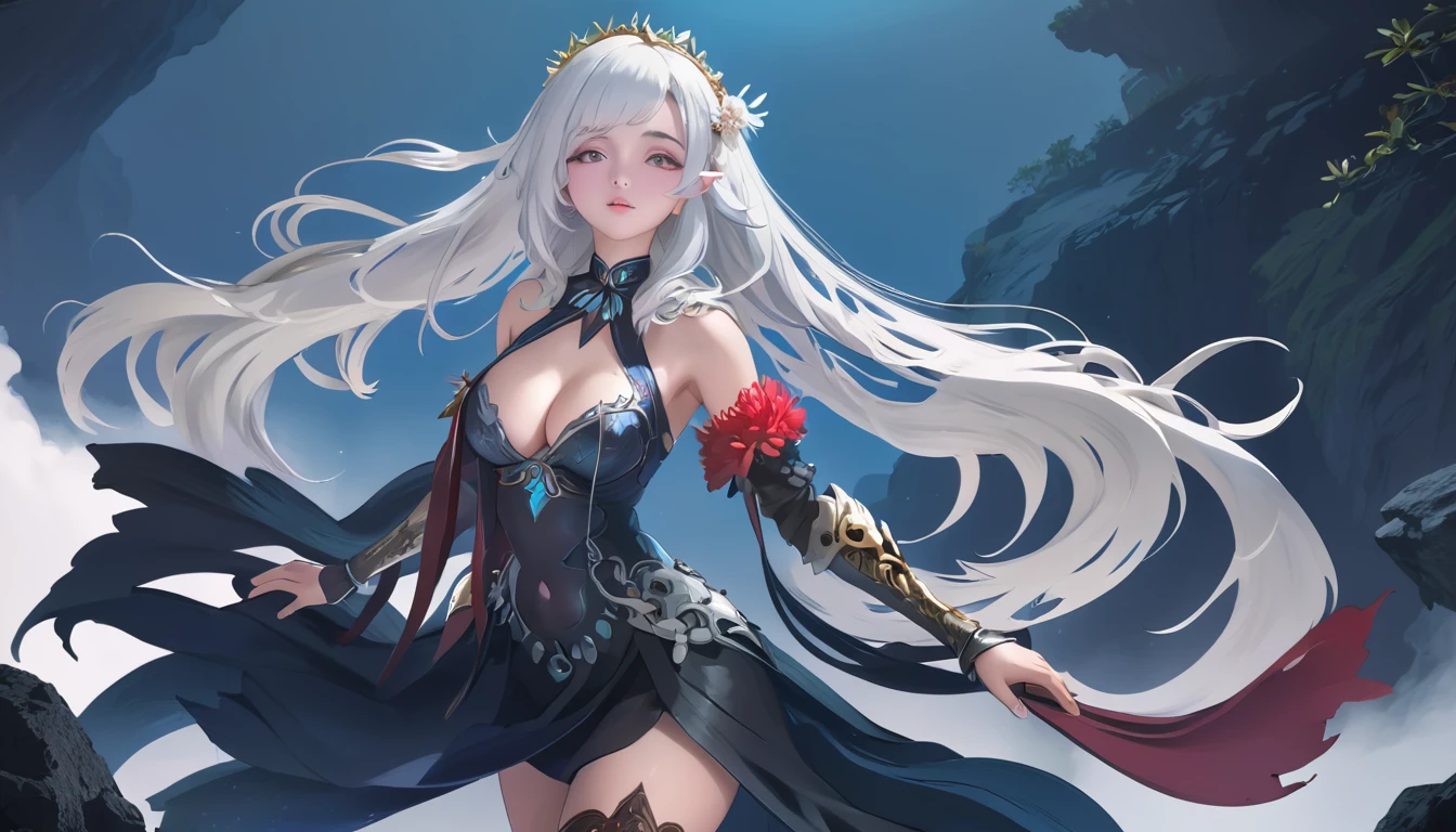 high quality,HD,16K,Sharp Line,1 Girl,fantasy, (Fire Spirits),Pretty Face, Large Breasts, Beautiful legs,In the mountains,Focus Girl,detailed Pretty Face,Detailed clothes,beautiful eyes,Cool,Sexy,Dynamic Angle,穿着华服的神明Strike a pose拍照, Ancient mysterious sexy goddess, Traditional beauty woman, Beautiful female warrior god of war , Beautiful sexy goddess, Gorgeous role-playing, high, Beautiful young girl, Beautiful woman, 华丽Beautiful woman, Complex clothing,Chinese Mystical Aesthetics, Beautiful Asian ancient mysterious girl, Extremely detailed shot of the goddess, Jaw-dropping sexy beauty, Big breasts deep neckline sexy belly button(butt), (bedroom), (Sexy Girls), masterpiece, best quality, Bangs, blush, Chest, clavicle, Eyebrows visible through hair, (Gradient red and gold hair), Jewelry, Long hair,Bright Eyes, ring, (solitary), illustration, fashionable, miss, Strike a pose, background, element, confident, Express, Accessories, majestic, striking, key point, Dynamic poses, ((plump)), (black))Woman in transparent dress,Viewer,(((Full breasts, Keeley University))),Slim waist,(Navel exposed,Bare waist), Long hair, extreme detailed details, 详细的fantasy艺术, Stunning character art, Beautiful and exquisite character art, Beautiful transparent dress, Very detailed, Large Breasts,Chest,Golden ratio figure,Beautiful figure,Ultra wide-angle shooting,Full body shot拍摄,Body close-up,Full body shot,Wearing a pleated tulle skirt,柔和动漫illustration, 柔和的深色background,Fujifilm XT3 Clear focus, f 5.6, High Detail, Clear focus,(Wearing openwork clothing),, (Natural light), (Tempting)translucent, Good velvet quality, Compared, Divine Light,, Silver hair, 天空background, Absolute Strength,Female Shinmei,穿着性感丝绸的Female Shinmei,,Large Breasts,Chest,Golden ratio figure,Beautiful figure,Ultra wide-angle shooting,Full body shot,Body close-up,Full body shot, Wearing a tulle dress, Model shooting style, Large Breasts,饱满Chest,Golden ratio figure,Beautiful figure,(Extremely detailed CG 8k wallpaper unit), The most beautiful artistic photos in the world, , 8K 超HD, ) on the beach,Sexy lazy posture,Sexy seductive expression,best quality,masterpiece,Ultra-high resolution,(Practical:1.4),original photo,Ultra-high resolution