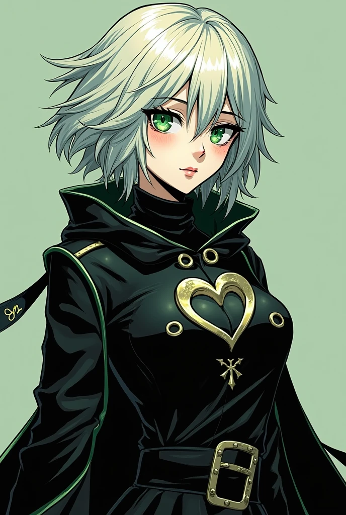 Une femme manga du style du manga Death Note, la peau pale les yeux vert émeraude habiller d'un body noir et d'une veste large noir avec un symbole de sans coeur de Kingdom Hearts