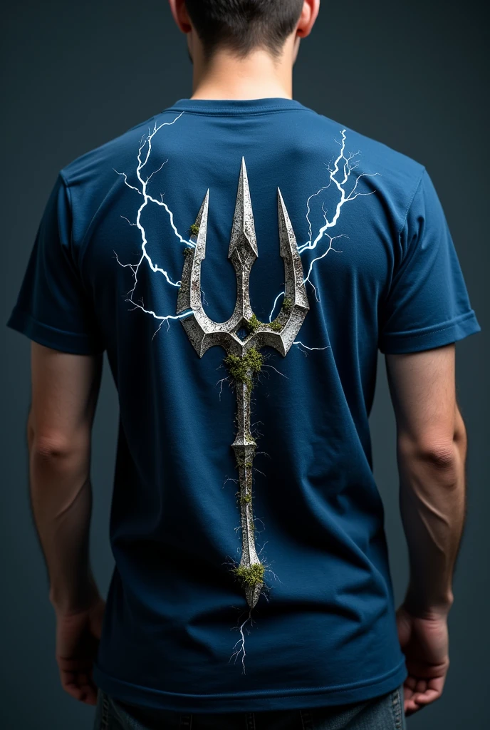 Design a trident on the back of a dark blue t-shirt, Make the trident look cracked and add lightning or thunder coming out of the tips of the trident but not piercing it., in the same way that the structure is thicker, that the trident has like moss