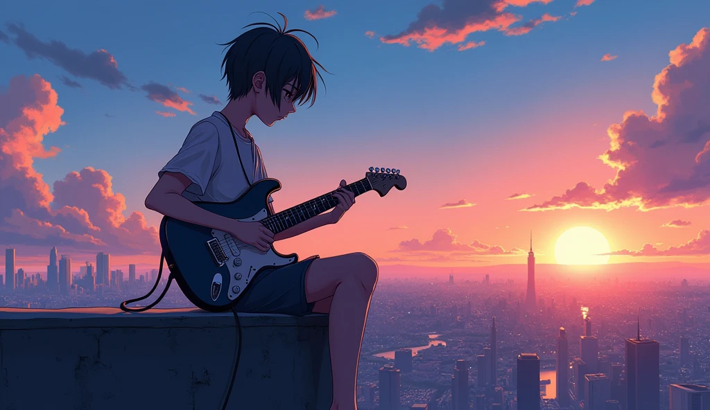 Anime boy sitting on a ledge playing a Electric guitar, Anime Art Wallpaper 8K, Anime Art Wallpaper 4K, Anime Art Wallpaper 4K, Estilo anime 4K, 4k anime wallpapers, 4k anime wallpapers, 4k anime wallpapers, Wallpapers manga 4K wallpapers, Makoto Shinkai Cirilo Rolando, the girl plays the guitar, lofi
