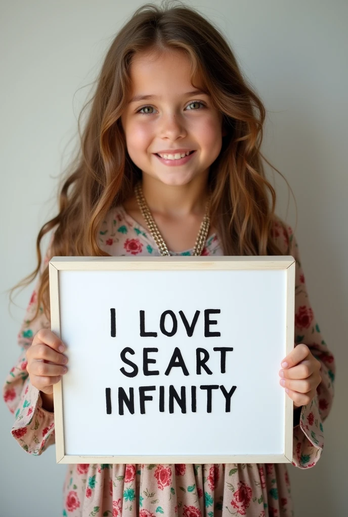 Beautiful girl with wavy long hair, bohemian dress, holding a white board with text "I Love Seaart Infinity" and showing it to the viewer