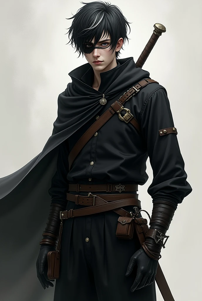 Young man, short black hair with some white hair, bandage covering the left evil eye, wearing black long sleeve shirt, black pants, black gloves, black long hooded, sword on left hip, right side bag.