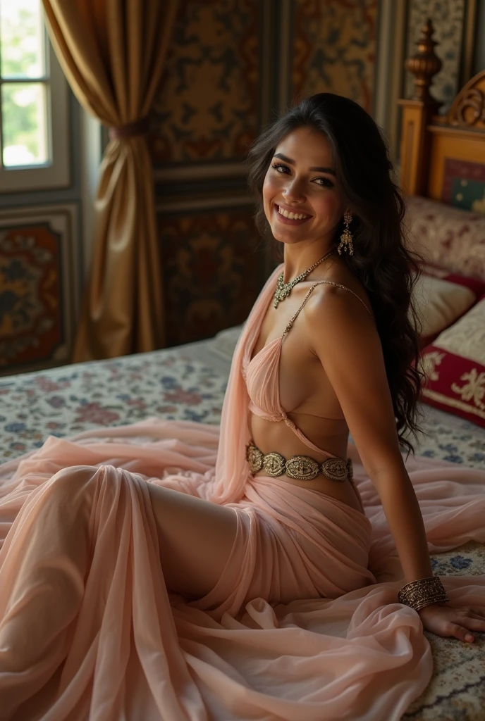 Full body portrait of Beautiful indian princess lying in ornate palace bedroom wearing sheer saree, legs and barefeet, transparent draping, no blouse, seductive smile, jewelry, navel, bellybutton piercing, 22 year old woman, 